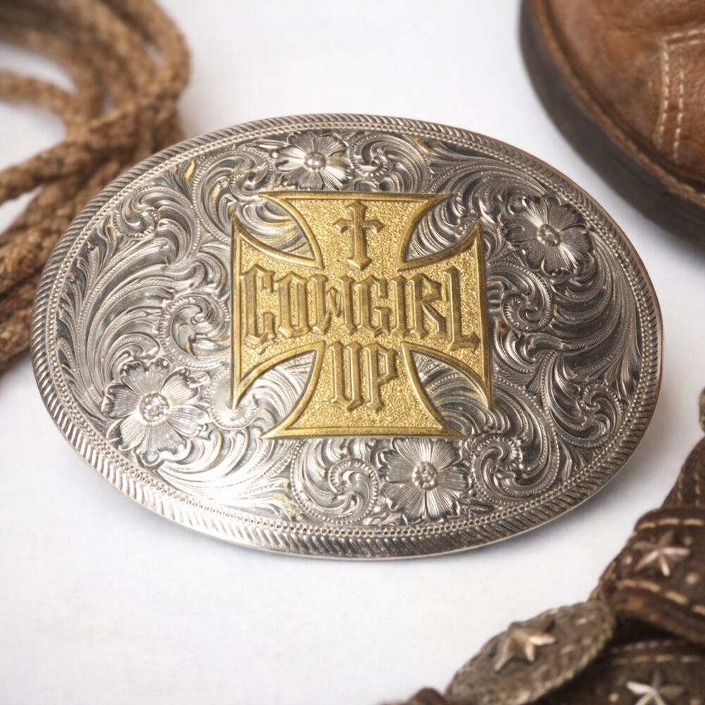 Montana Silversmiths Cowgirl Up Cross Belt Buckle Two-tone Western Engraved